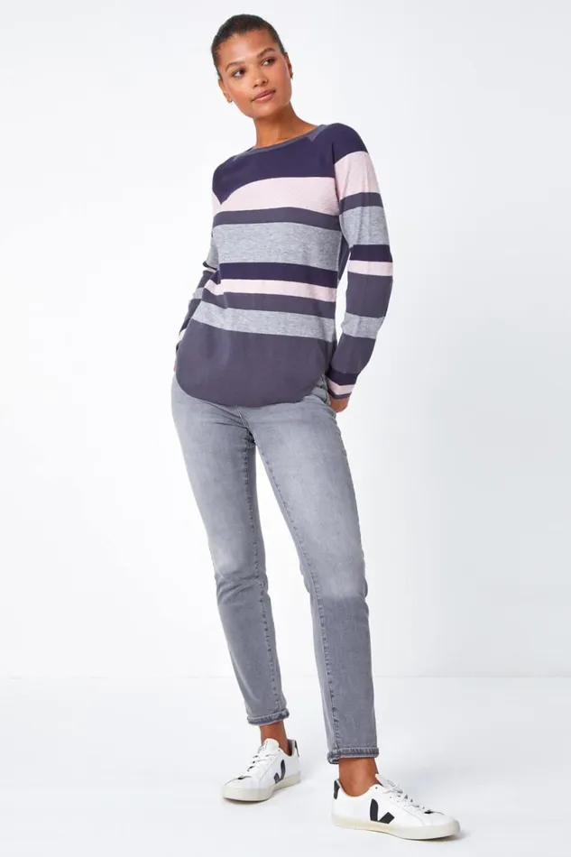 Grey Stripe Print Jumper Women Roman Knitwear