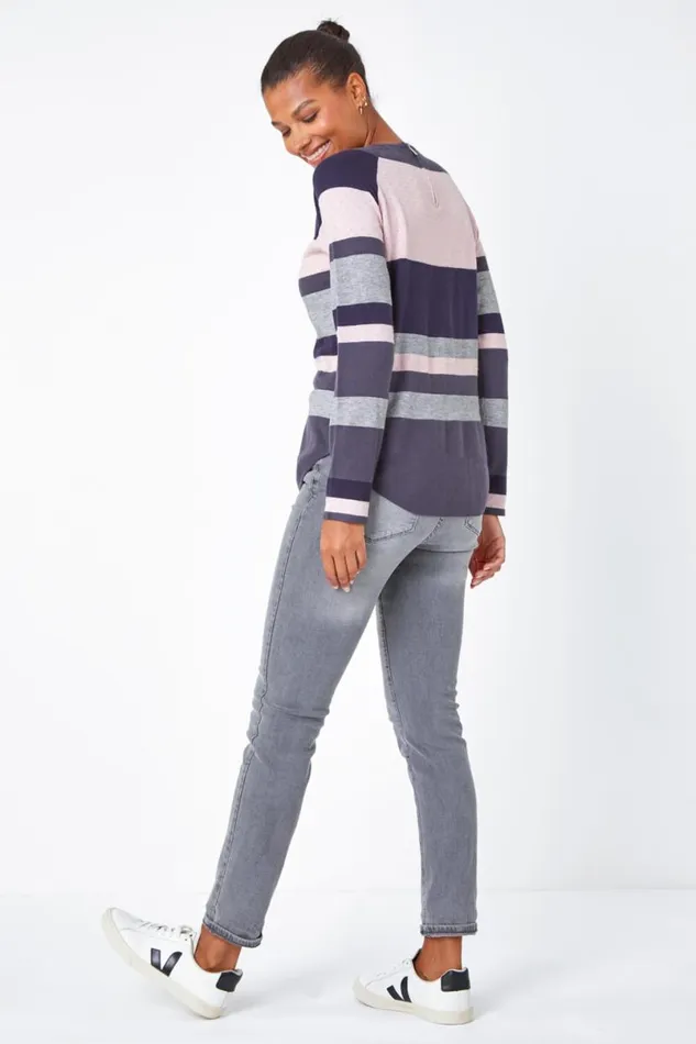 Grey Stripe Print Jumper Women Roman Knitwear