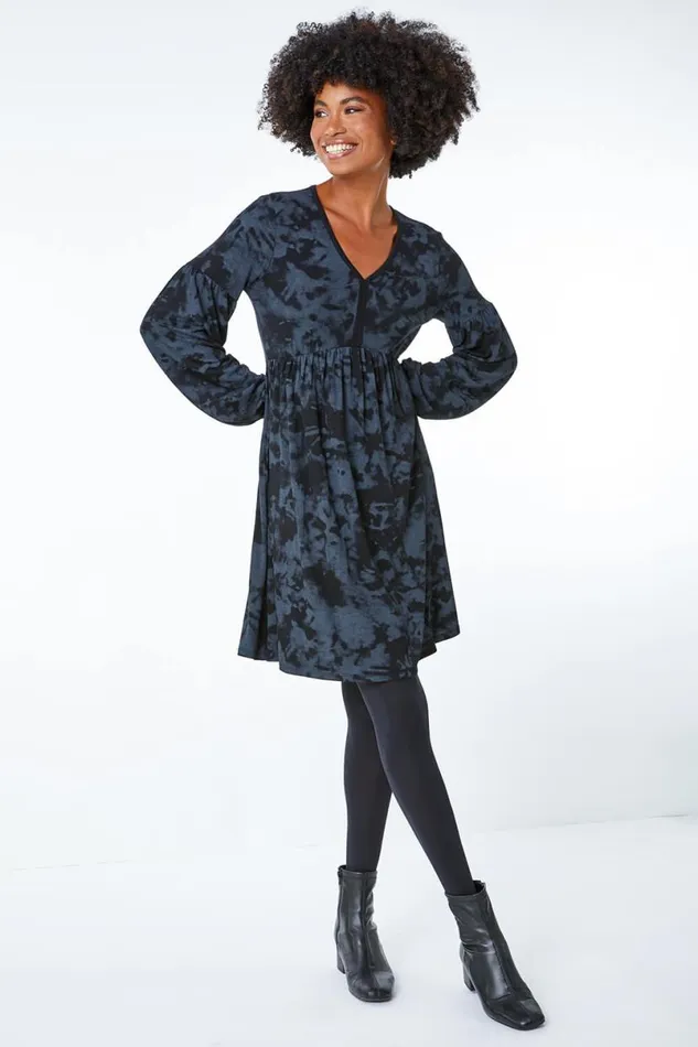 Grey Tie Dye Fit And Flare Dress Women Roman Dresses