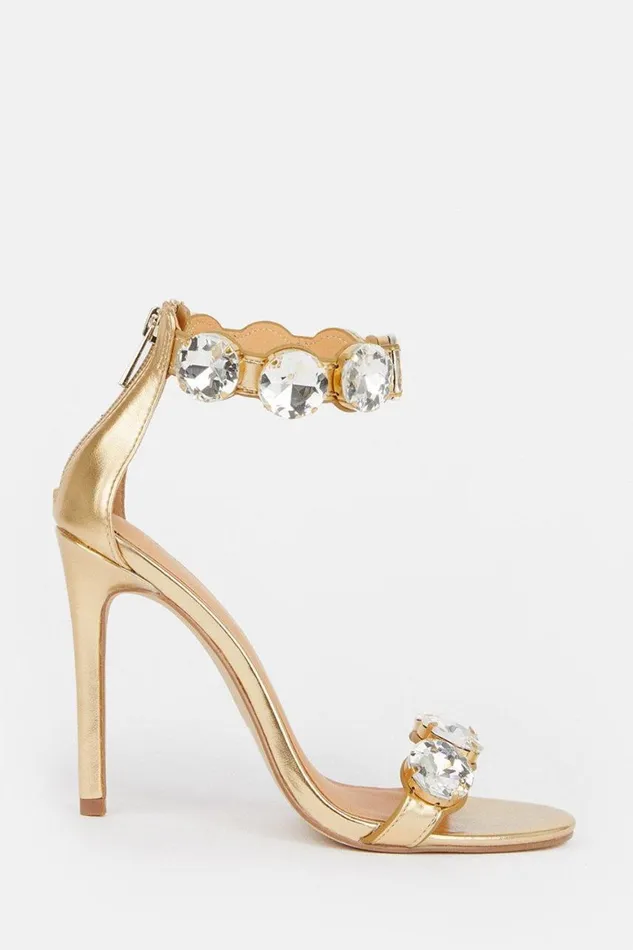 Heels Women Karen Millen Crystal Stone Double Strap Stiletto Heel Gold