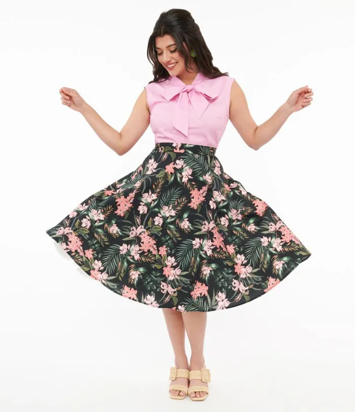 Hell Bunny 1950s Black and Pink Tropical Floral Print Cotton Calypso Swing Skirt Clothing Unique Vintage Skirts Hell Bunny 1950s Black and Pink Tropical Floral Print Cotton Calypso Swing Skirt Clothing Unique Vintage Skirts