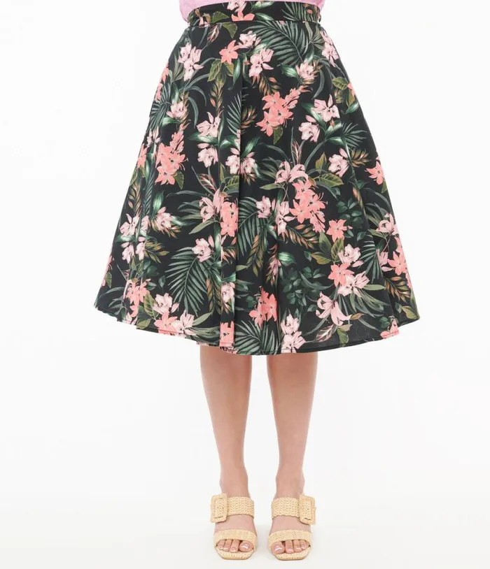 Hell Bunny 1950s Black and Pink Tropical Floral Print Cotton Calypso Swing Skirt Clothing Unique Vintage Skirts