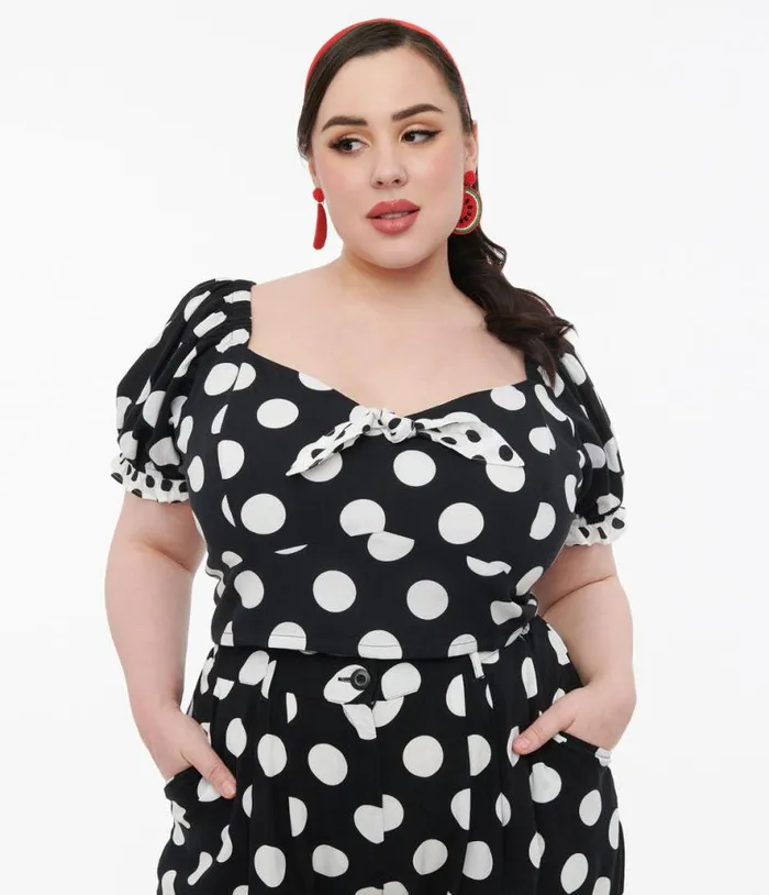 Hell Bunny Plus Size 1960s Black and White Polka Dot Dolores Crop Top ClothingPlus Unique Vintage Blouses