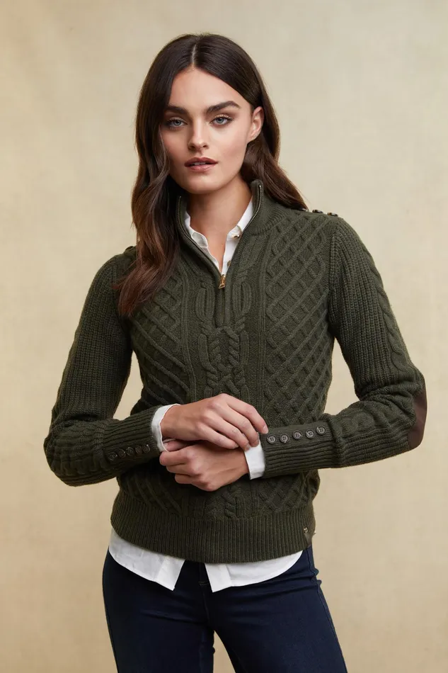 Holland Cooper Country Cable Quarter Zip Knit Forest Green Women Knitwear