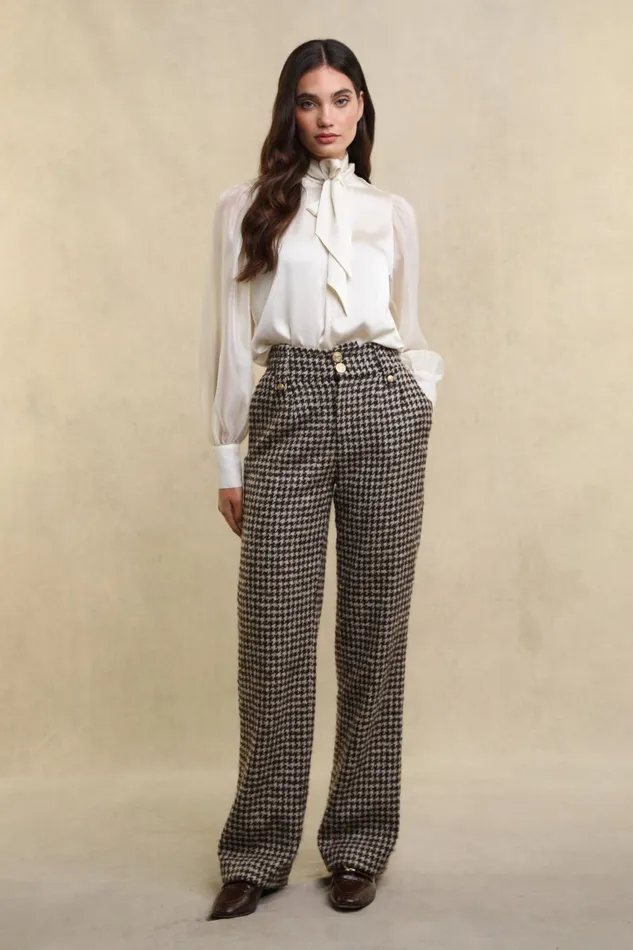 Holland Cooper High Waisted Straight Trouser Coffee Houndstooth Women Tailoring