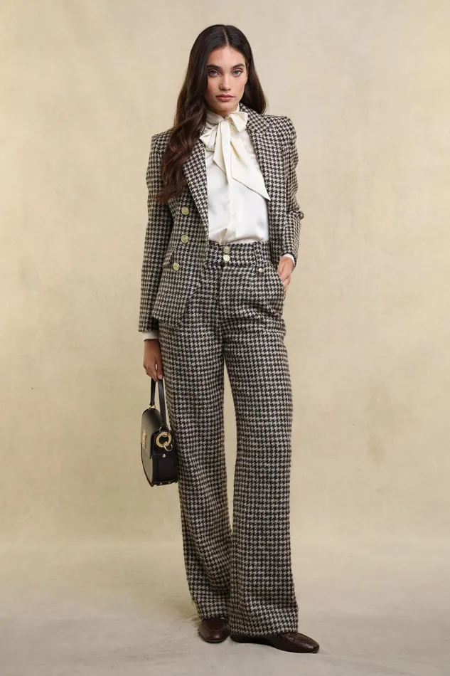 Holland Cooper High Waisted Straight Trouser Coffee Houndstooth Women Tailoring Holland Cooper High Waisted Straight Trouser Coffee Houndstooth Women Tailoring