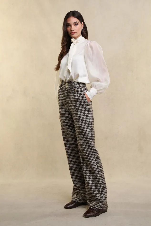 Holland Cooper High Waisted Straight Trouser Coffee Houndstooth Women Tailoring Holland Cooper High Waisted Straight Trouser Coffee Houndstooth Women Tailoring
