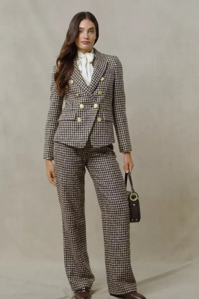 Holland Cooper High Waisted Straight Trouser Coffee Houndstooth Women Tailoring Holland Cooper High Waisted Straight Trouser Coffee Houndstooth Women Tailoring