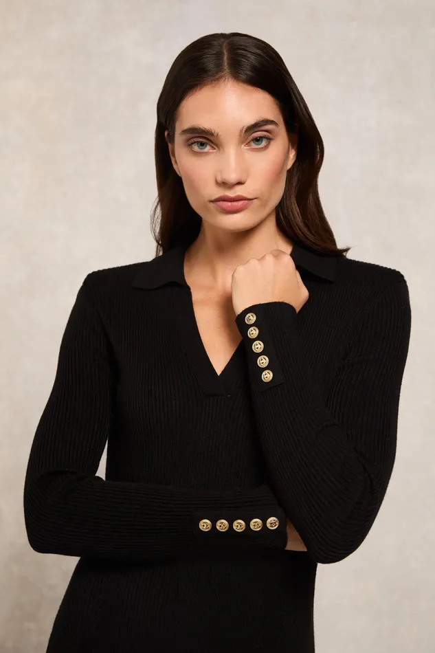 Holland Cooper Knitted Shirt Dress Black Women Dresses