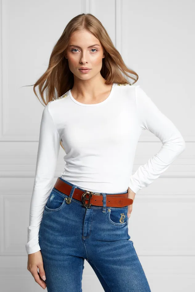 Holland Cooper Long Sleeve Crew Neck Tee White Women Tops