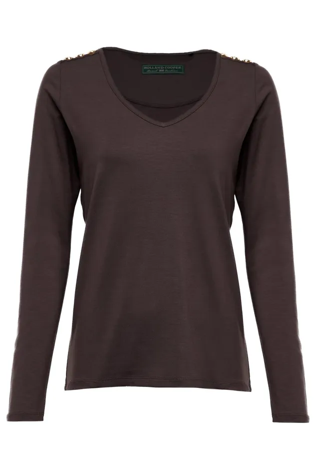 Holland Cooper Long Sleeve VNeck Tee Coffee Women Tops Holland Cooper Long Sleeve VNeck Tee Coffee Women Tops