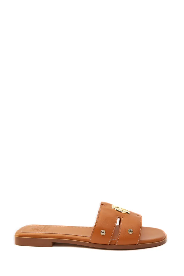 Holland Cooper Monogram Slides Tan Leather Women Sandals and Slides