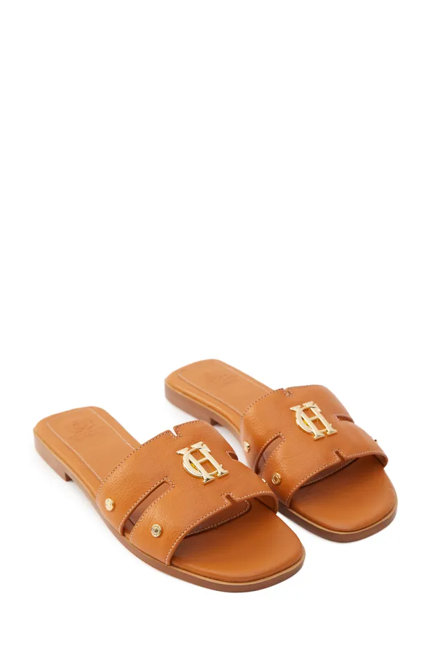 Holland Cooper Monogram Slides Tan Leather Women Sandals and Slides Holland Cooper Monogram Slides Tan Leather Women Sandals and Slides