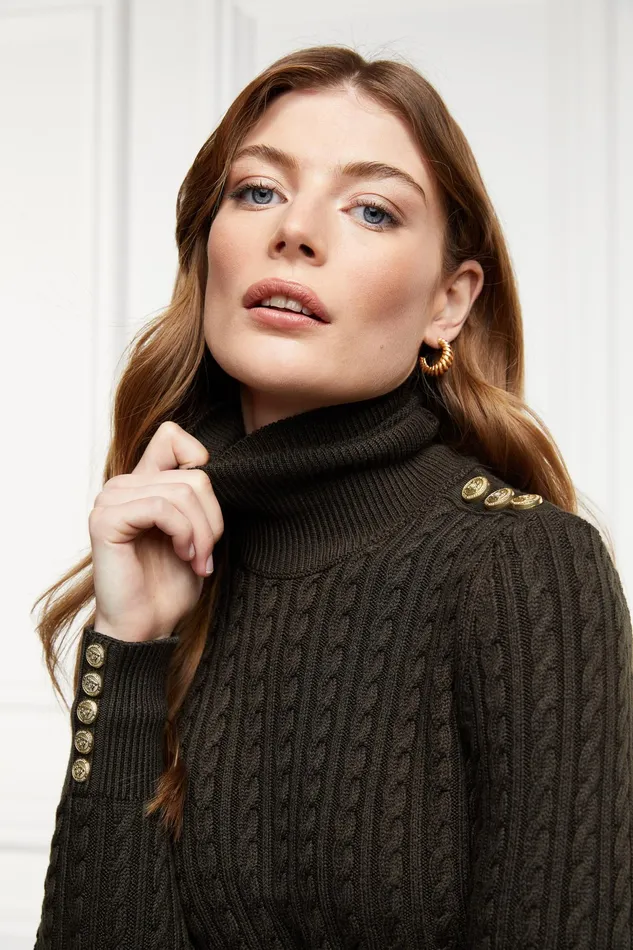 Holland Cooper Seattle Roll Neck Cable Knit Fern Green Women Knitwear