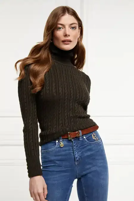 Holland Cooper Seattle Roll Neck Cable Knit Fern Green Women Knitwear