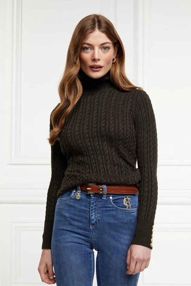 Holland Cooper Seattle Roll Neck Cable Knit Fern Green Women Knitwear