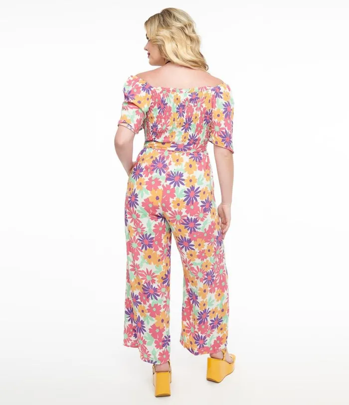 Hot Pink and Purple Floral Flutter Sleeve Jumpsuit Clothing Unique Vintage Rompers and Jumpsuits