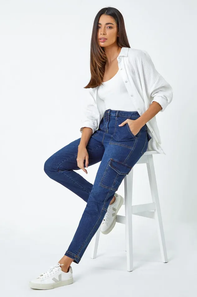 Indigo Cotton Blend Cargo Stretch Jegging Women Roman Trousers