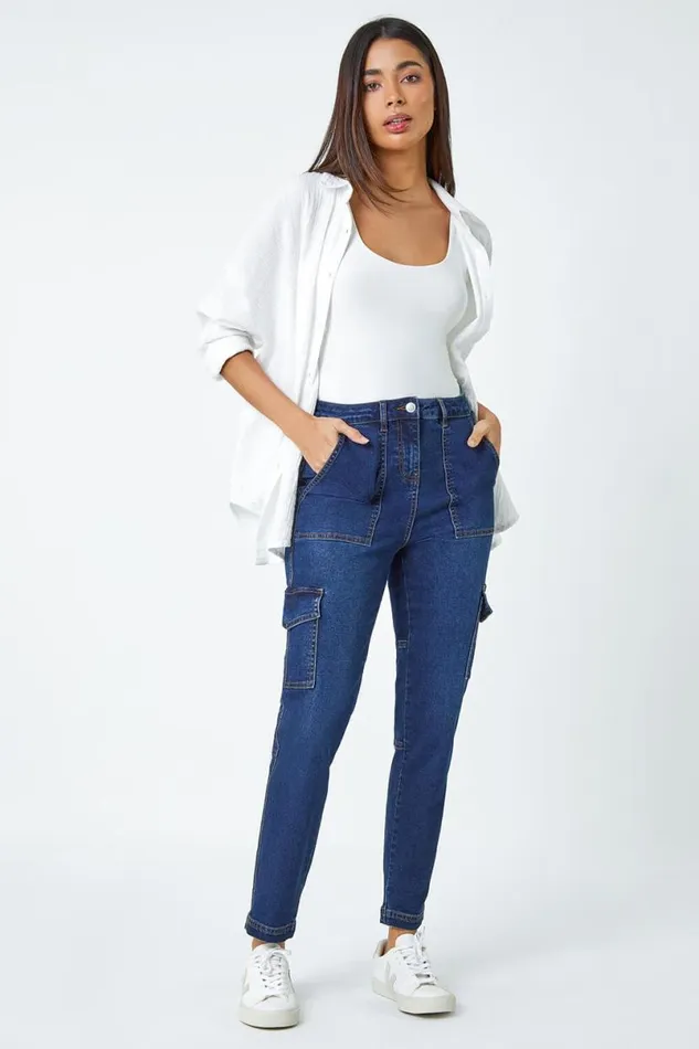 Indigo Cotton Blend Cargo Stretch Jegging Women Roman Trousers