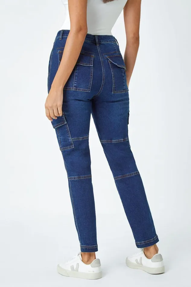 Indigo Cotton Blend Cargo Stretch Jegging Women Roman Trousers