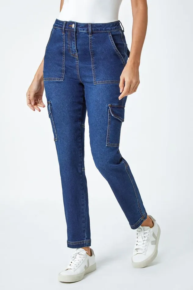 Indigo Cotton Blend Cargo Stretch Jegging Women Roman Trousers