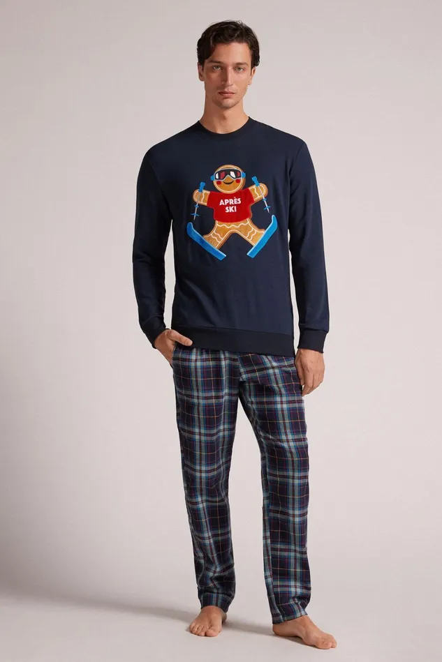 Intimissimi Long Pajamas Men Gingerbread Aprs Ski Full Length Plush Modal Pajamas Blue 800 8211 Blu Notte