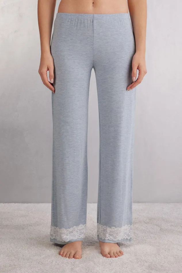 Intimissimi Long Pajamas Women Lace Trim Full Length Pants In Modal Light Blue 009j 8211 Heathered Light Blue