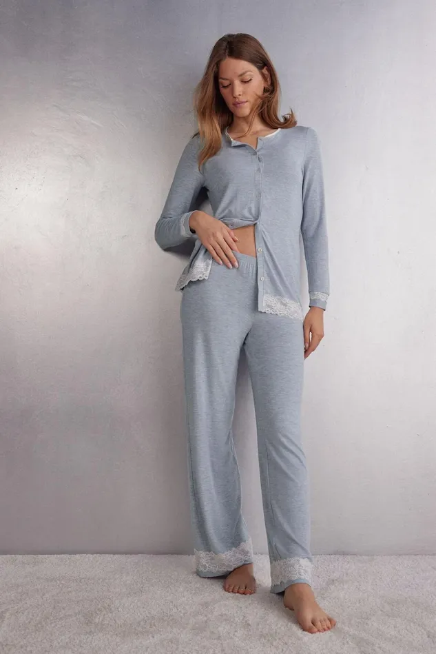 Intimissimi Long Pajamas Women Lace Trim Full Length Pants In Modal Light Blue 009j 8211 Heathered Light Blue