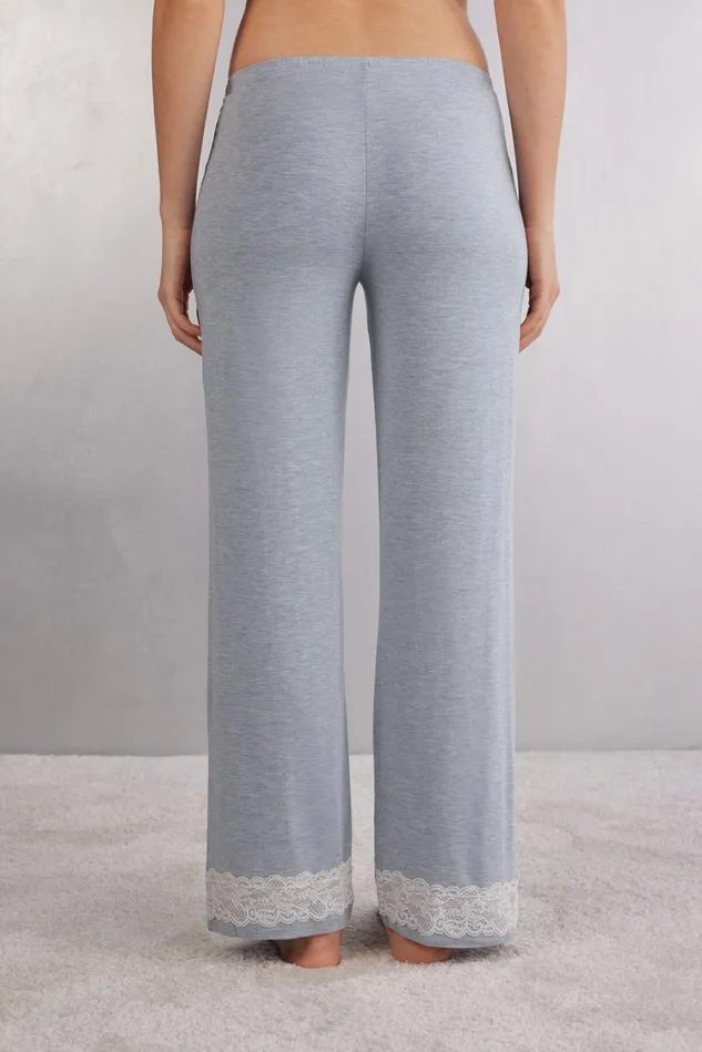 Intimissimi Long Pajamas Women Lace Trim Full Length Pants In Modal Light Blue 009j 8211 Heathered Light Blue