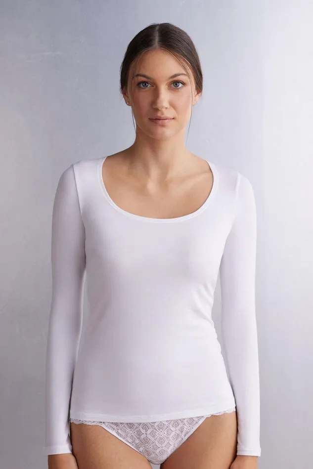 Intimissimi Long Sleeve Tops Women Long Sleeve Scoop Neck Top In MicroModal White 7478 8211 Milk White Intimissimi Long Sleeve Tops Women Long Sleeve Scoop Neck Top In MicroModal White 7478 8211 Milk White