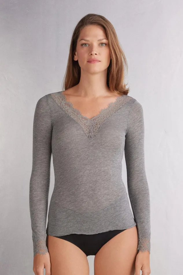 Intimissimi Long Sleeve Tops Women Modal Cashmere Ultralight Long Lace Shirt Grey 456j 8211 Medium Grey Mel Intimissimi Long Sleeve Tops Women Modal Cashmere Ultralight Long Lace Shirt Grey 456j 8211 Medium Grey Mel