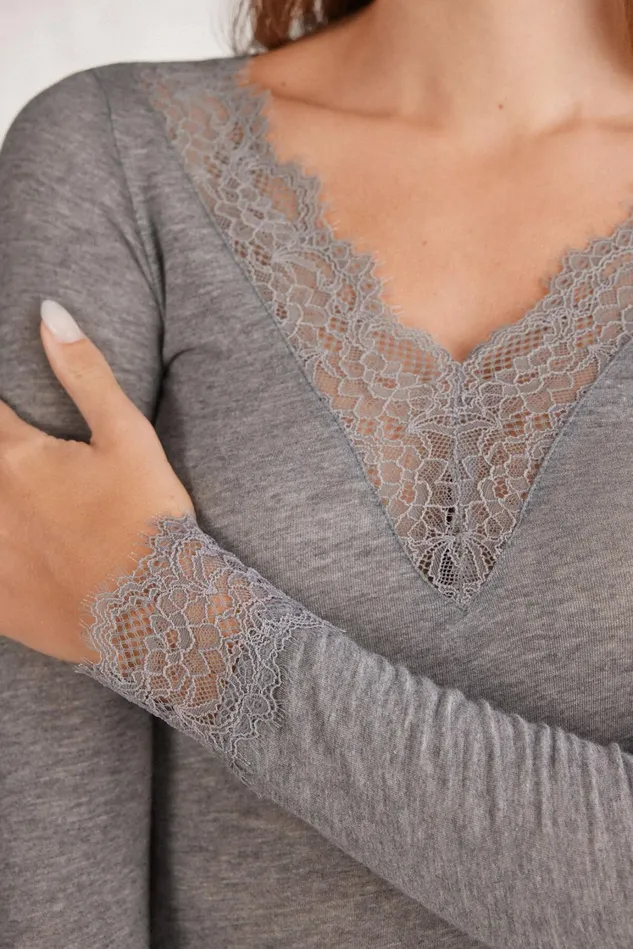 Intimissimi Long Sleeve Tops Women Modal Cashmere Ultralight Long Lace Shirt Grey 456j 8211 Medium Grey Mel
