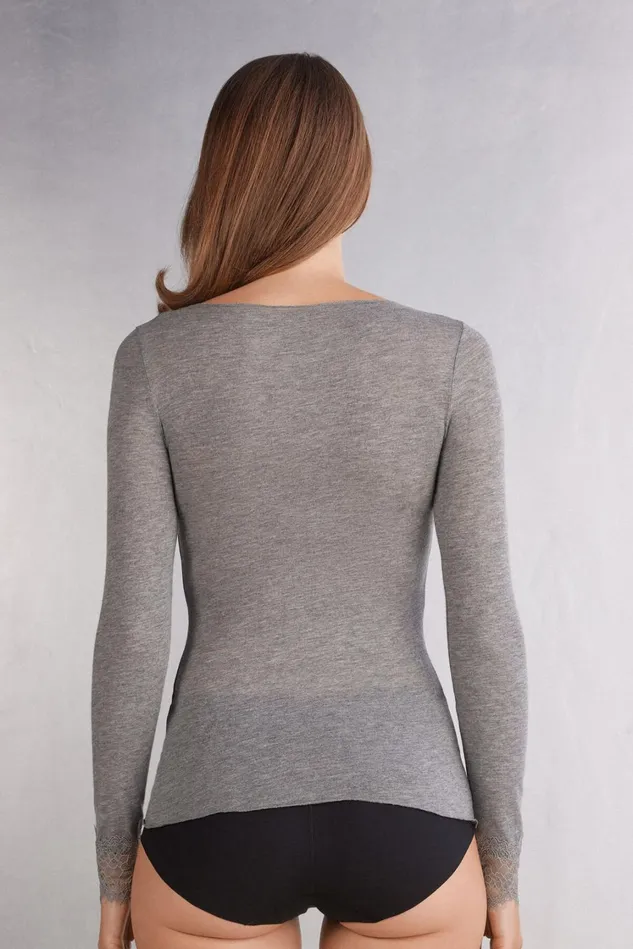 Intimissimi Long Sleeve Tops Women Modal Cashmere Ultralight Long Lace Shirt Grey 456j 8211 Medium Grey Mel