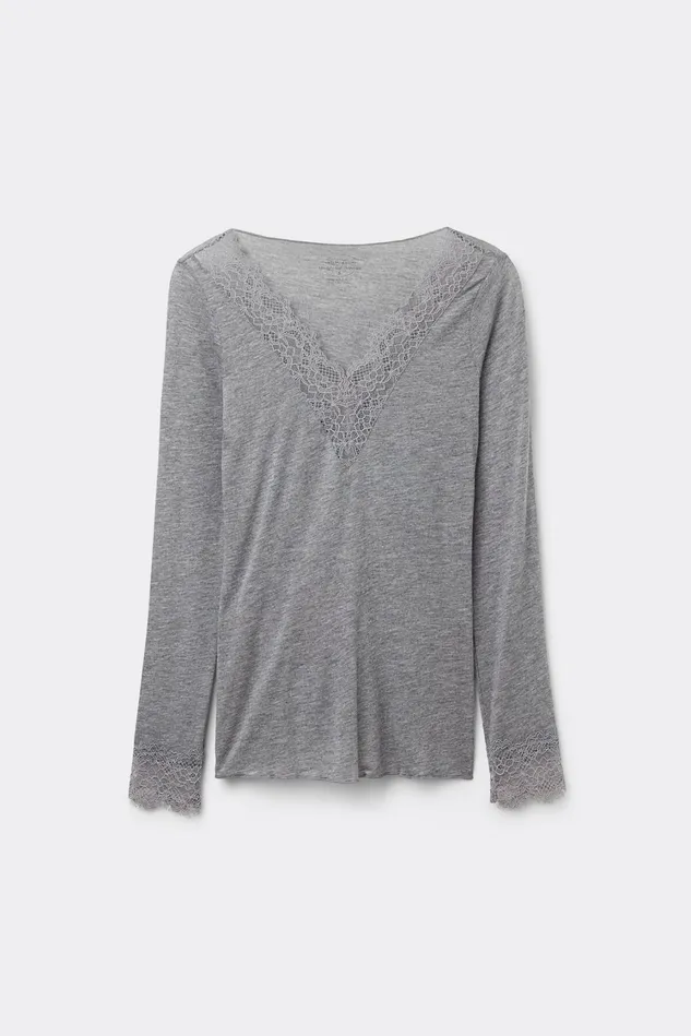 Intimissimi Long Sleeve Tops Women Modal Cashmere Ultralight Long Lace Shirt Grey 456j 8211 Medium Grey Mel