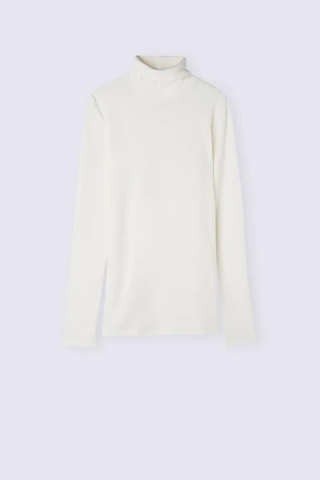 Intimissimi Long Sleeve Tops Women Wool and Cotton Long Sleeve High Collar Top Ivory 2127 8211 Talc White