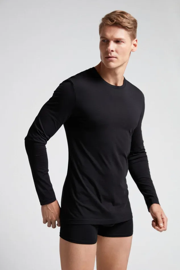 Intimissimi Pajama Separates Men Superior Cotton Long Sleeve Top Black 019 8211 Black