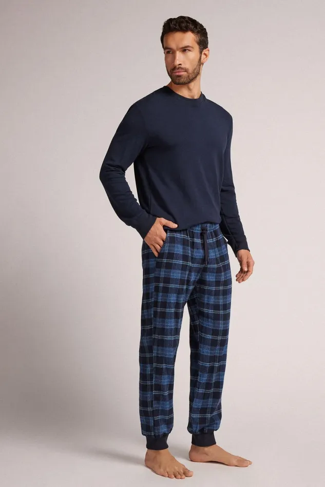 Intimissimi Pants Men Denim Blue Check Print Brushed Cotton Cloth Pants Blue 732j 8211 Check Blu Denim