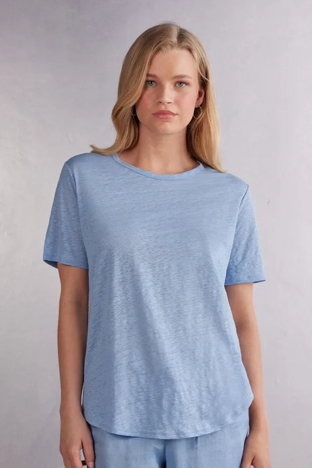 Intimissimi TShirt Women Short Sleeve Linen Top Light Blue 550j 8211 Dreamy Blue Intimissimi TShirt Women Short Sleeve Linen Top Light Blue 550j 8211 Dreamy Blue