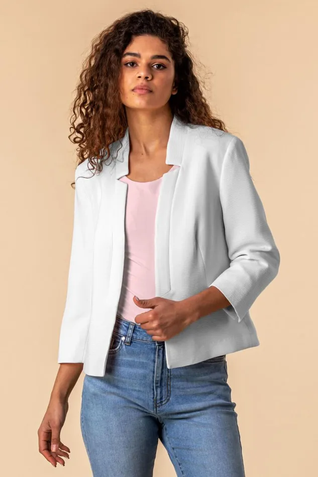 Ivory 34 Sleeve Textured Notch Neck Jacket Women Roman Jackets