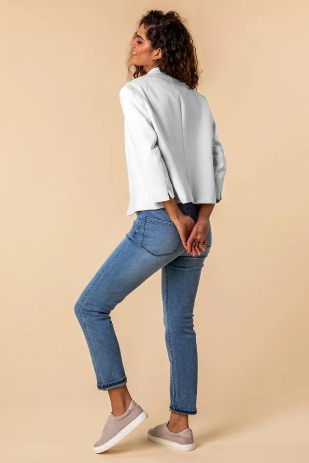 Ivory 34 Sleeve Textured Notch Neck Jacket Women Roman Jackets