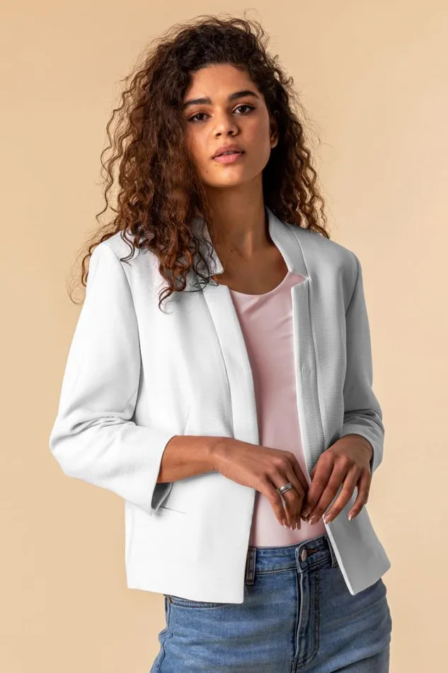 Ivory 34 Sleeve Textured Notch Neck Jacket Women Roman Jackets