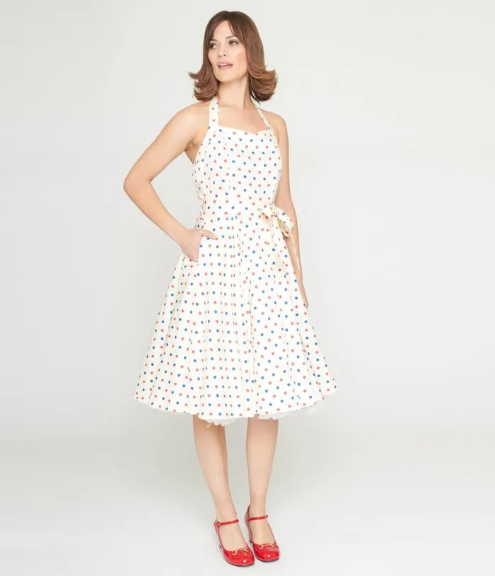 Ivory and Candy Dot Halter Swing Dress Dresses Unique Vintage Pocket Dresses
