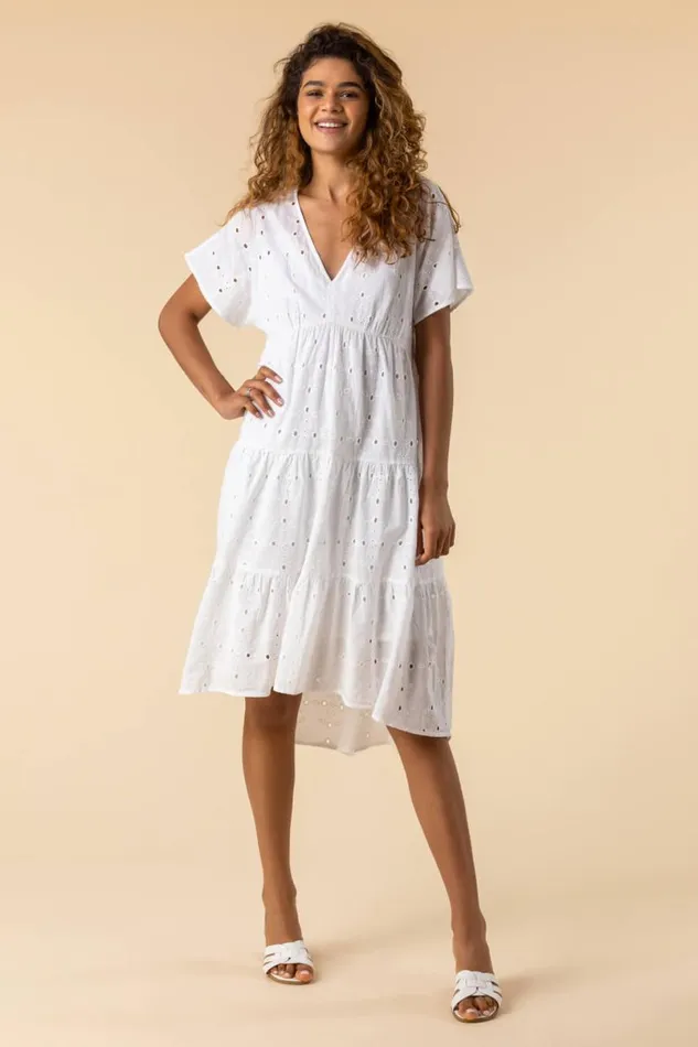 Ivory Broderie Tiered Smock Dress Women Roman Dresses