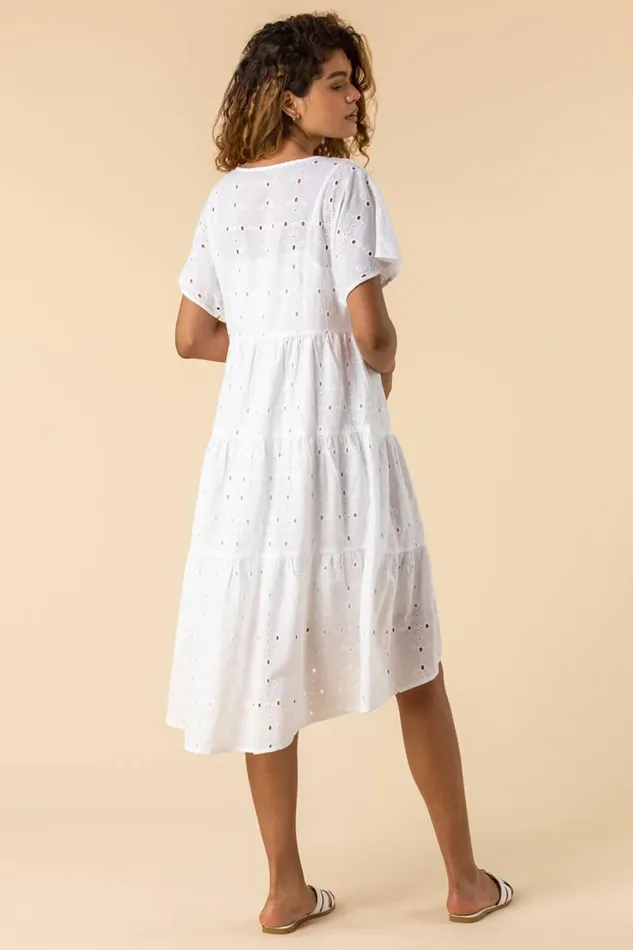 Ivory Broderie Tiered Smock Dress Women Roman Dresses