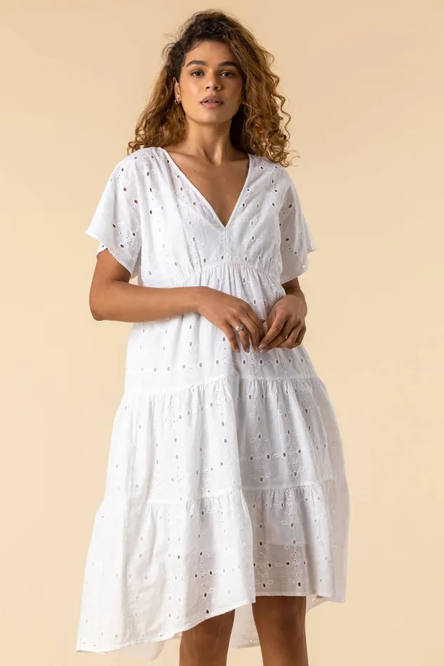 Ivory Broderie Tiered Smock Dress Women Roman Dresses