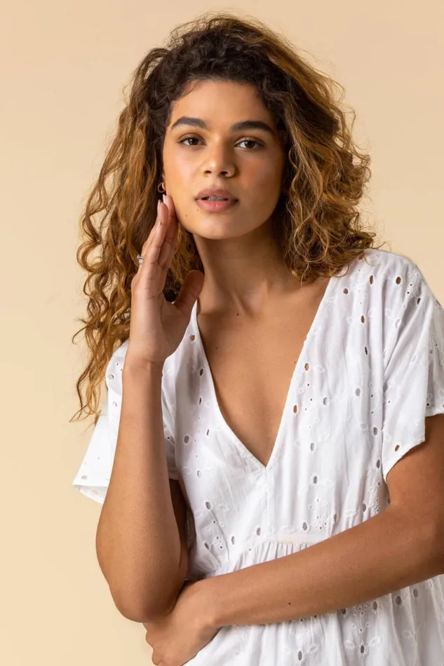Ivory Broderie Tiered Smock Dress Women Roman Dresses