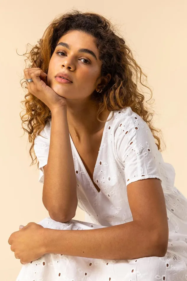 Ivory Broderie Tiered Smock Dress Women Roman Dresses