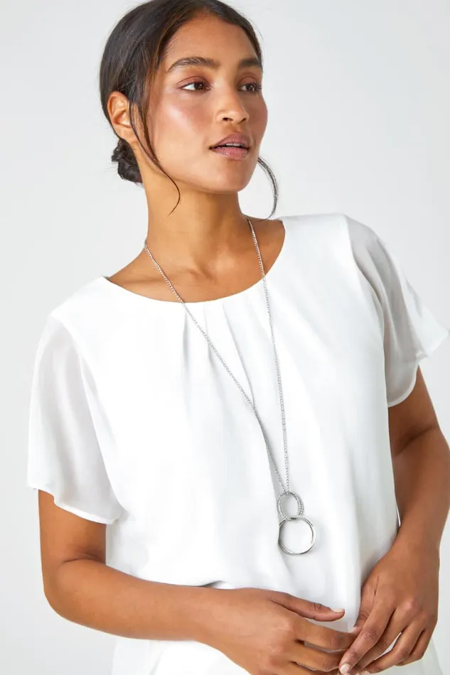 Ivory Chiffon Jersey Chiffon Blouson Top With Necklace Women Roman Blouses and Shirts