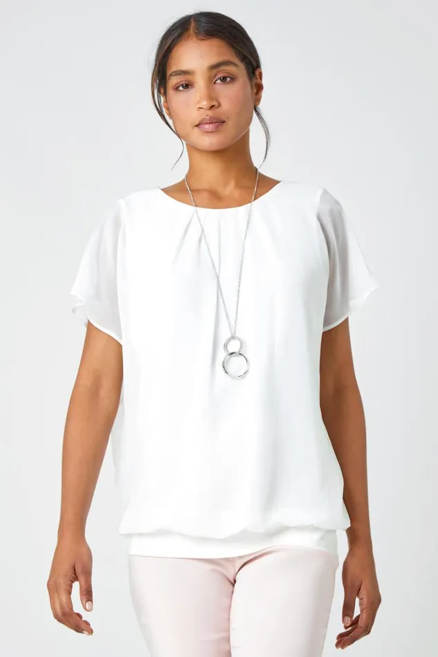 Ivory Chiffon Jersey Chiffon Blouson Top With Necklace Women Roman Blouses and Shirts
