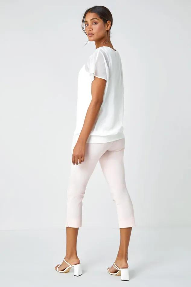 Ivory Chiffon Jersey Chiffon Blouson Top With Necklace Women Roman Blouses and Shirts